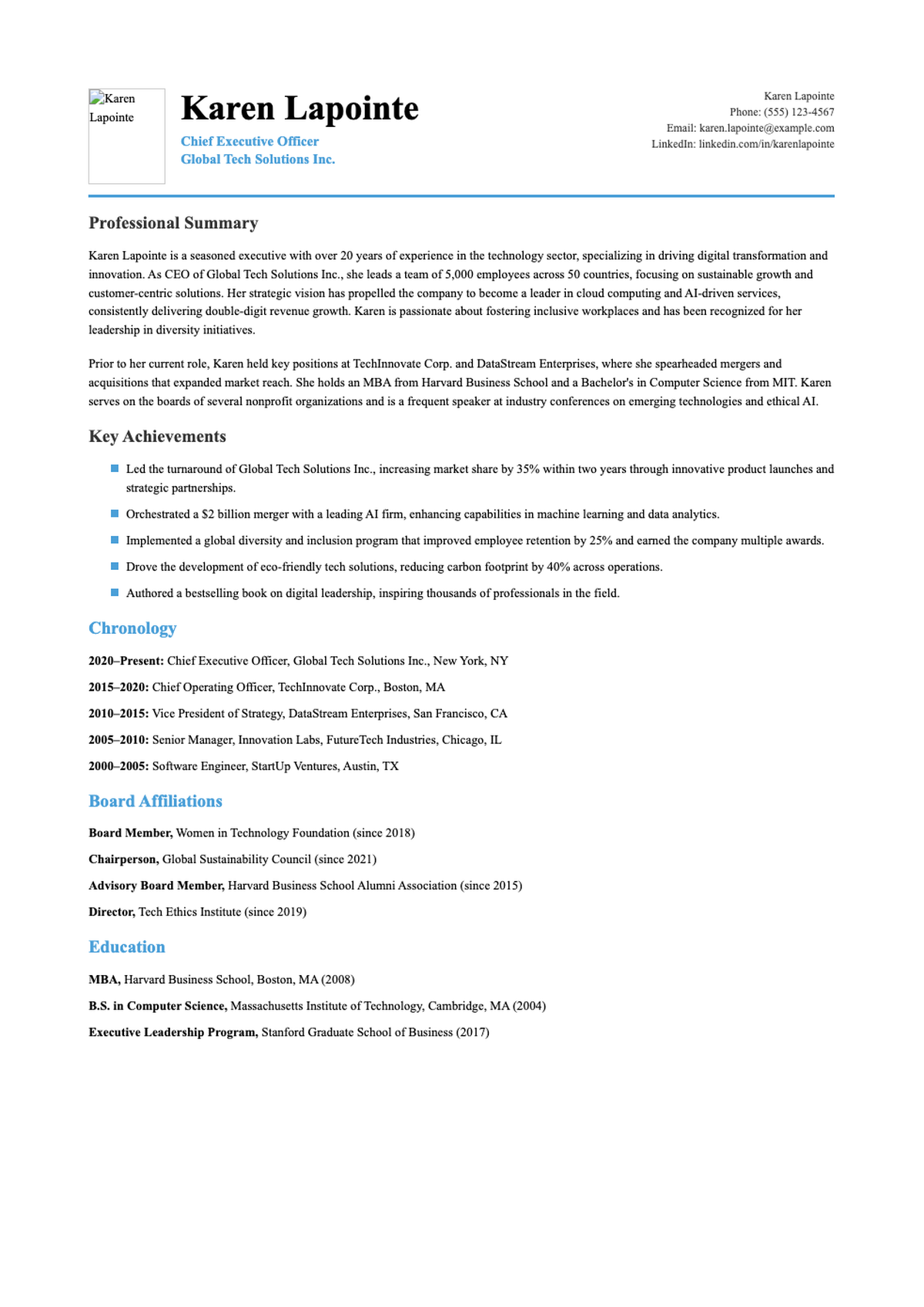 Professional executive bio profile with career chronology and board affiliations_variant_2